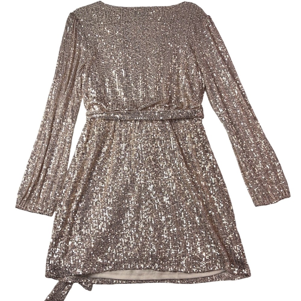 Crystal Sky Women Rose Gold Sequin Long Sleeve Mini Dress Large WWN15508T
